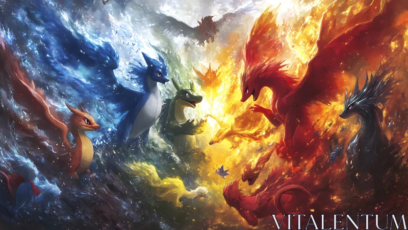 Elemental creatures spiral through fire and stormy skies.