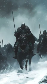 Armored cavalry charge advances through dense polar blizzard