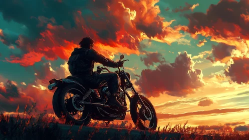 Lone biker pauses on motorcycle under vivid sunset sky.