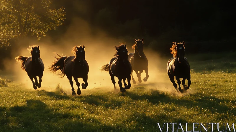 Sunlit thunder of wild horses racing through golden haze.