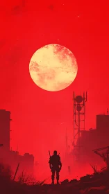 Lone wasteland sentinel under a colossal bleeding sun.