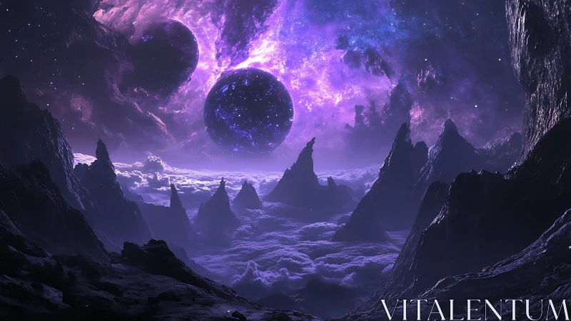 Distant planetary bodies rise above a jagged alien valley