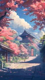 Stone path leads through a temple street framed by pink trees