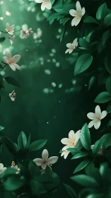 White Jasmine Blossoms Framed by Verdant Foliage.