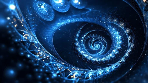 Luminescent logarithmic spiral with nested blue fractal waves