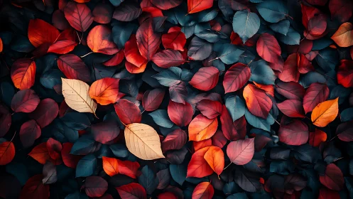 Crimson and teal foliage pattern under soft autumn light.