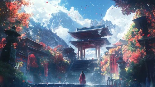 Mountain temple gate under blazing autumn maple canopy.