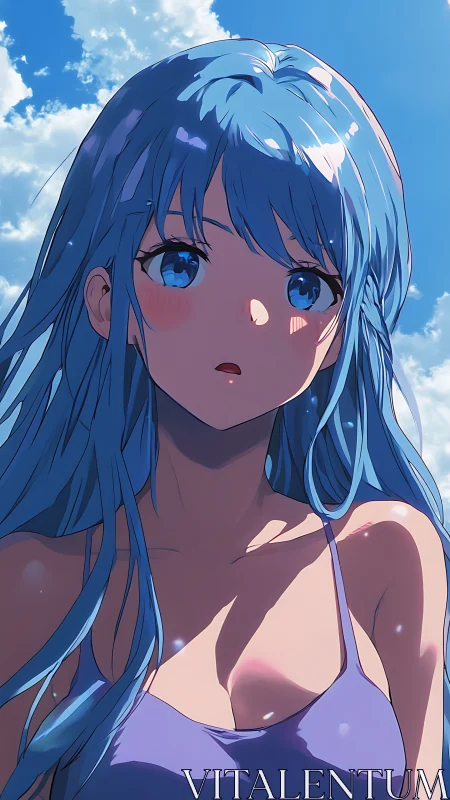 Blue haired anime girl gazes quietly at the summer sky.