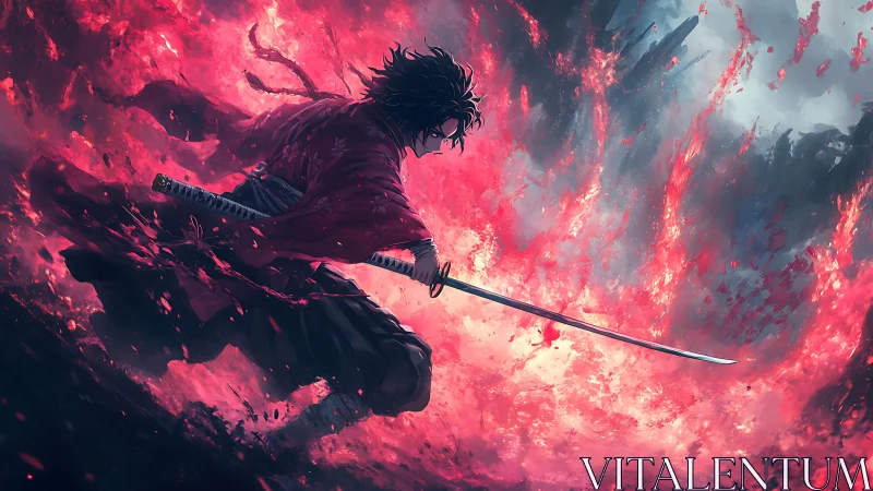 Solitary samurai poised with katana amid red inferno.