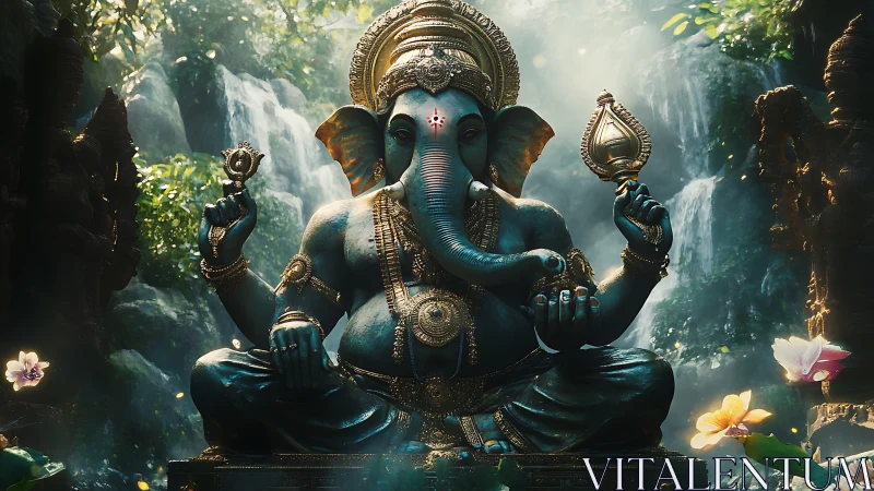 Divine Ganesha statue glows serenely in a mystical jungle