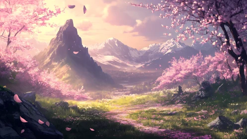 Radiant alpine valley framed by luminous cherry blossoms.
