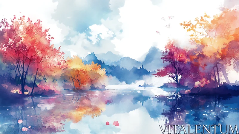 Watercolor autumn lakeside with mirrored foliage reflections.