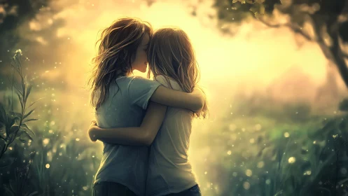 Two girls embracing amid glowing particles and golden light