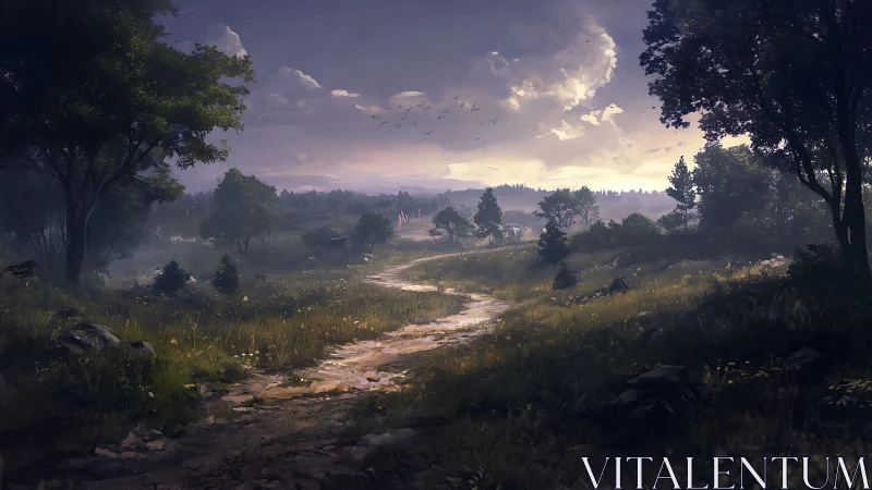 Rural valley landscape with winding stream and forested terrain