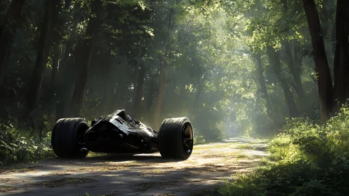 Futuristic stealth car rests under dappled forest light.