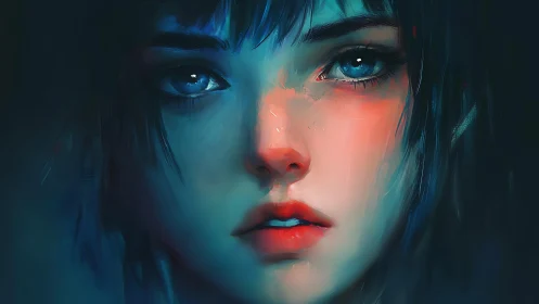 Melancholic blue-eyed portrait in vivid neon hues.