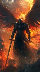 Dark armored angel rises amid fire and shadowed skies.