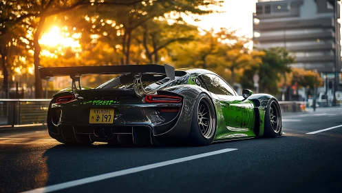 Modified sports coupe on urban street at low sun angle.
