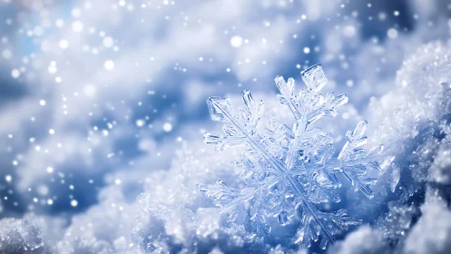 Macro view isolates crystalline snowflake in luminous bokeh field