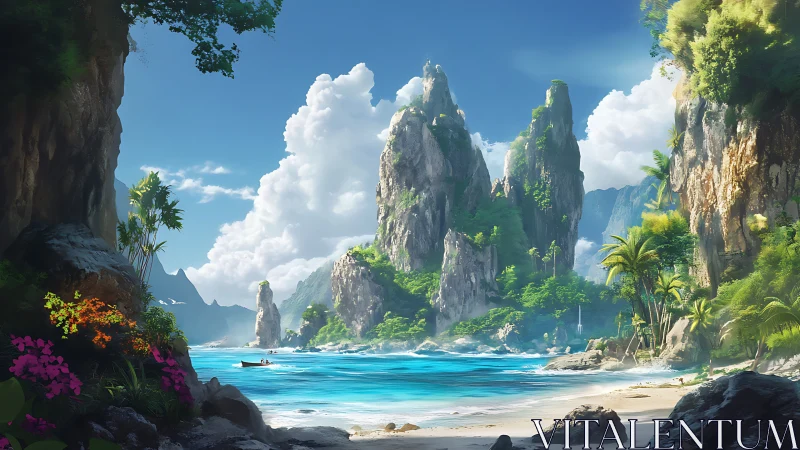 Tropical Island Limestone Formations Beach