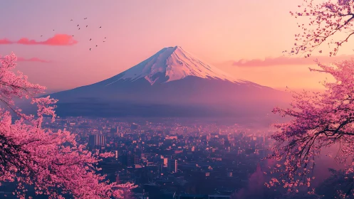 Chromatic sunrise over alpine cone and stratified cityscape.