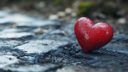 Red Heart on Stone Surface by Water. Emotion Symbol.