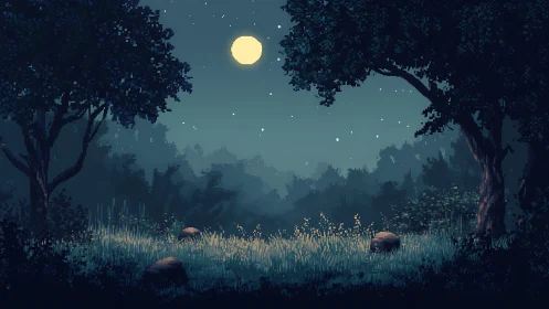 Nocturnal Forest Clearing Under Lunar Illumination with Pixel-Rendered Foliage
