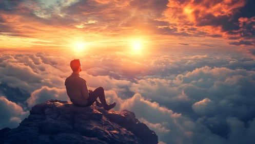 Solitary dreamer watches twin suns above glowing clouds.