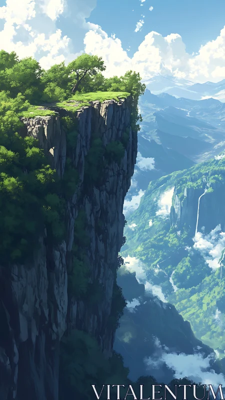 Sheer forested cliff above layered mountain valley scene.
