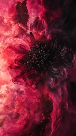 Crimson nebula blossom swirling in cosmic velvet storm.