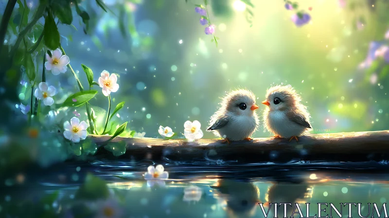 Three fluffy birds on branch above reflective forest pool.