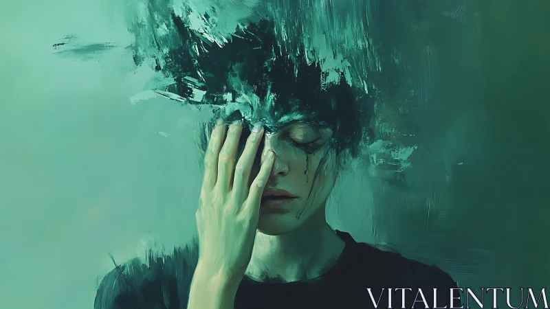 Abstract teal portrait of distressed person with obscured face.