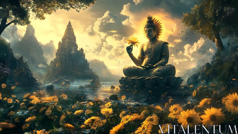 Enlightened Buddha rests amid radiant sunlit lotus blossoms.