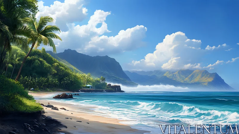 Tropical coastal landscape with mountain formation and ocean waves.