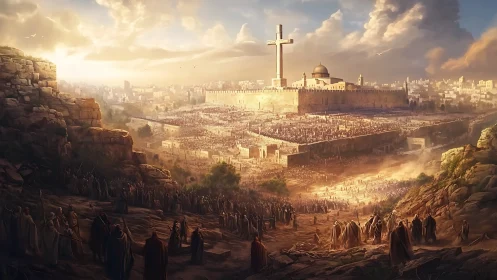Panoramic ancient cityscape with monumental cross and vast crowd