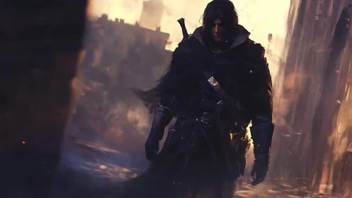 Brooding cloaked warrior walks through a burning ruined city