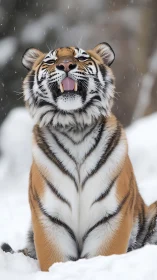 Snowy tiger soaking up winter magic with playful delight.