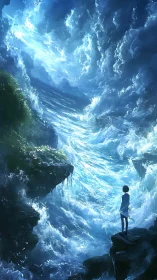 Solitary human figure observing turbulent oceanic chasm.
