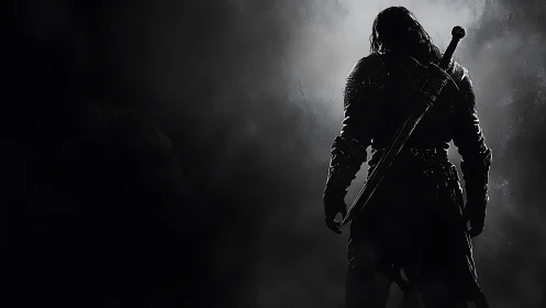 Lone shadowed warrior waiting at the edge of the storm.