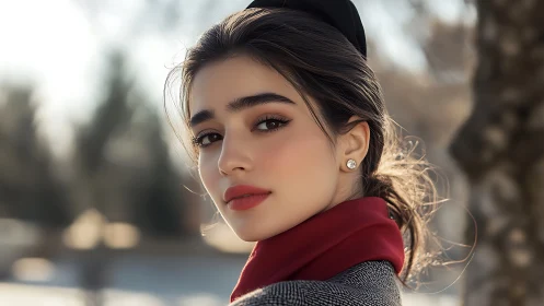 Winter city portrait of woman in red scarf at golden hour.