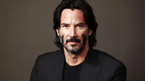 Stoic male portrait with cinematic scars and soft lighting.