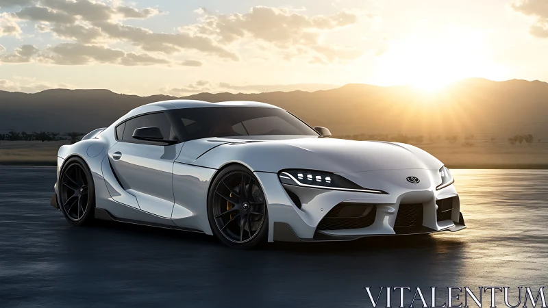 Sunlit silver street predator poised on glowing horizon asphalt.