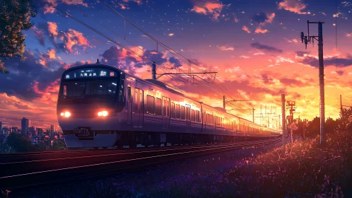 Electric commuter train at sunset under vivid stratocumulus sky