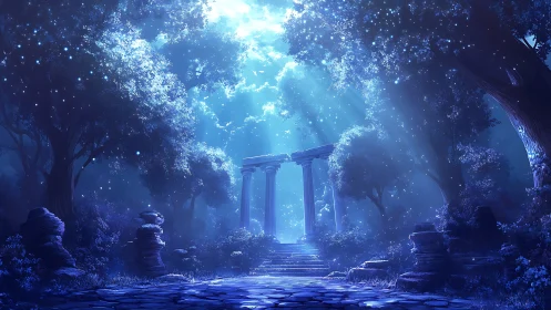 Digital painting of moonlit forest ruins with ethereal columns.
