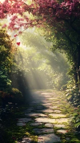 Sunlit garden path glows beneath blossoming pink canopy.