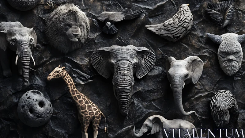 Photorealistic stone bestiary relief with sculpted wildlife forms.