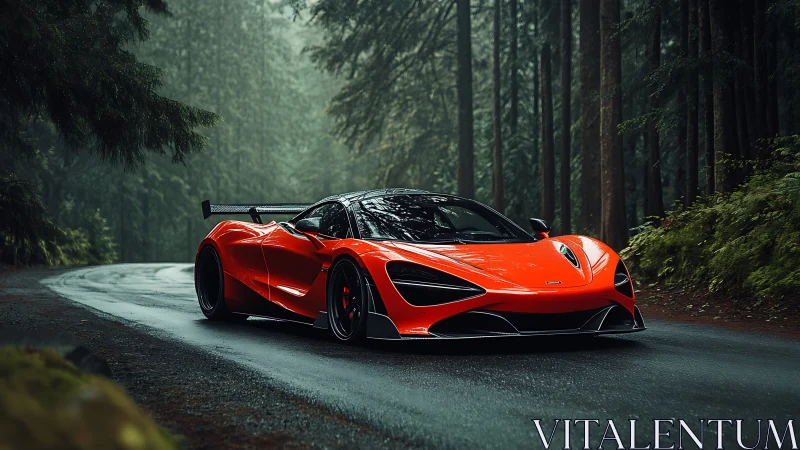 Flame-red supercar prowls a misty forest road in silence.