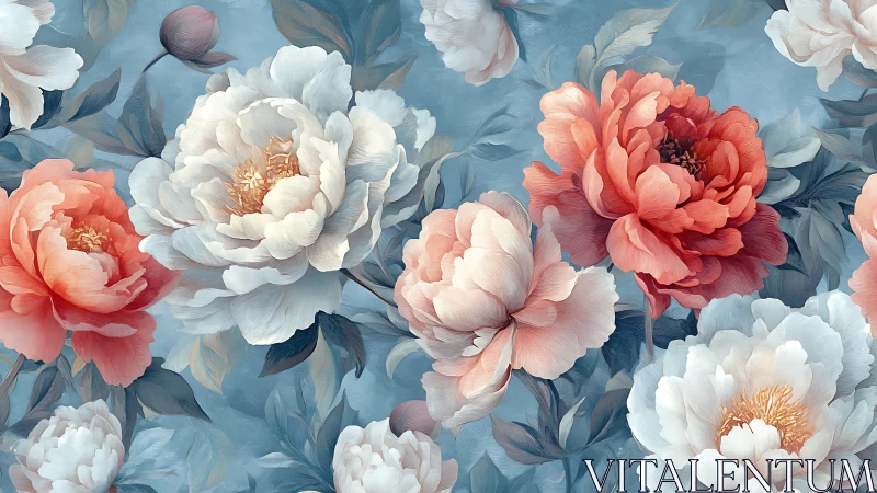 Layered peony flowers in coral, white, and cream arranged on blue background