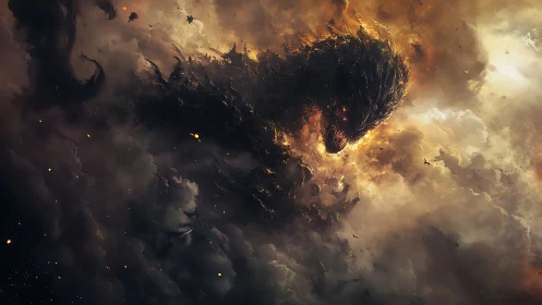 Colossal fiery dragon emerging from dense storm clouds.