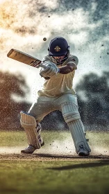 Cricket batsman executing front-foot drive in dust-filled sunlight